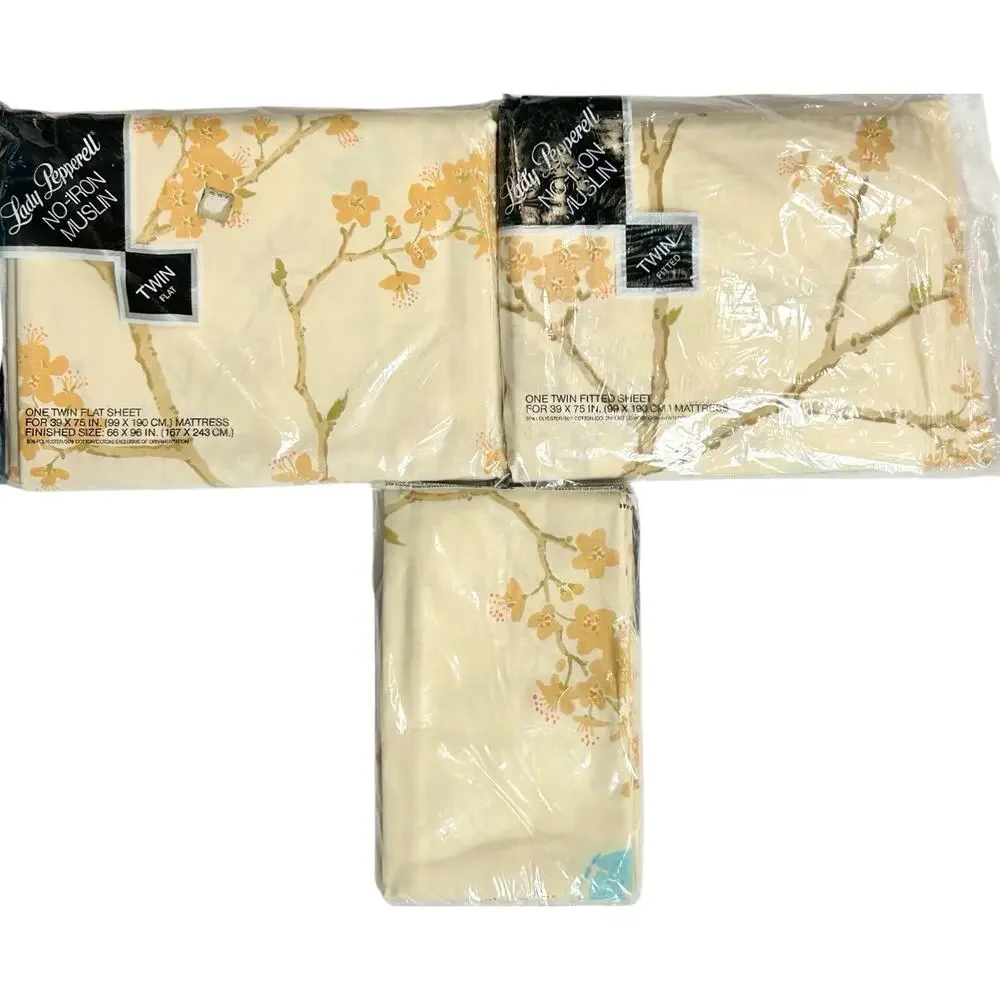 Vintage Twin Sheet Set Lady Pepperell Muslin Peach Floral Hanae Mori NOS READ